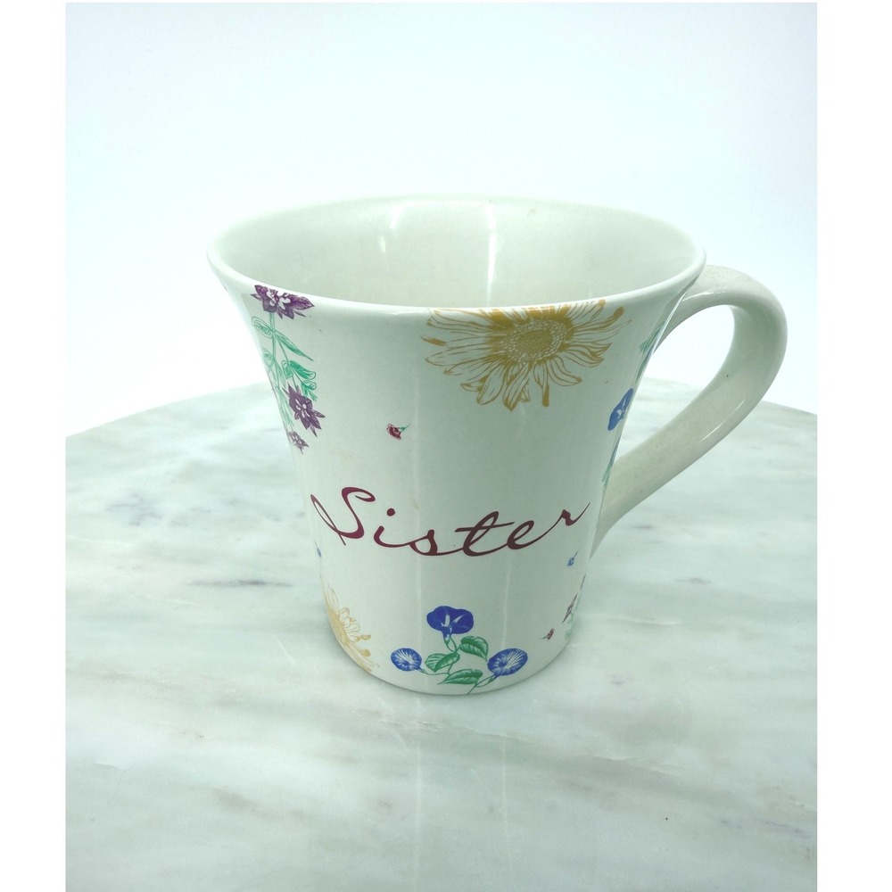 Russ Berrie Sister Floral Ceramic Coffee Mug White Sunflower Morning Glory